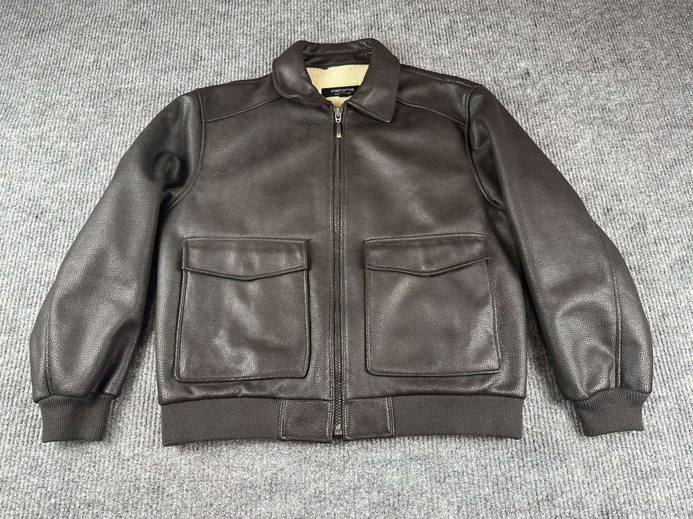 Claiborne Jacket Mens Large Brown Leather Bomber Flight Coat Sherpa Outerwear