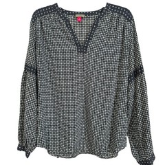 🖤 Vince Camuto Black White Boho Blouse M Lyocell Cotton Geometric Peasant Top