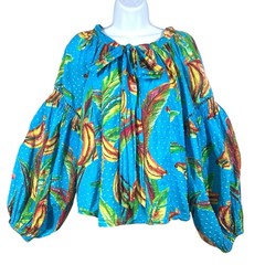 Farm Rio Top Banana Sky Blouse Size L Colorful Cotton Swiss Dot Balloon Sleeve