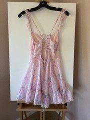 Lucy in the Sky Pink Floral Dotted Ruffle Dress Lace Up Back Mini M fits XS/S