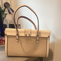 Mark Cross Woven Beige/Cream Satchel Top Handle Buckle Closure Gold HW