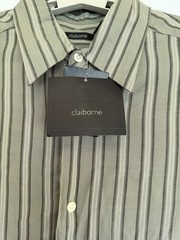 New Claiborne Mens M Medium Green Striped Button Up Long Sleeve Shirt 331