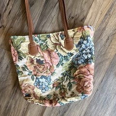 Floral Tapestry Tote Bag Snap Closure Lined Brown Faux Leather Double Handles