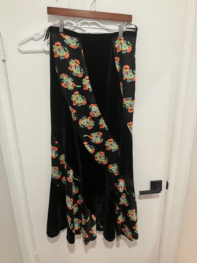 Free People Women’s Twisted Velvet/Satin Maxi Skirt, Black Multi, Size 10