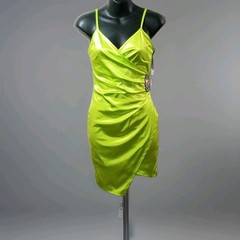 IRIS Slip Dress Green Satin V-Neck Spaghetti Straps Asymmetric Rhinestone S