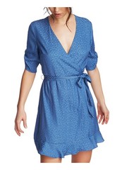 1. STATE Womens Wrap Dress Mini Blue Ruffled Short Sleeve V Neck Animal Print 2