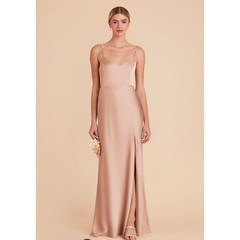 Birdy Grey Jay Satin Bridesmaid Maxi Dress Rose Gold Side Slit V-Neck Strappy M