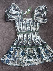 Farm Rio XS White Blue Green Floral Mini Dress Square Neck Puff Sleeve Belt