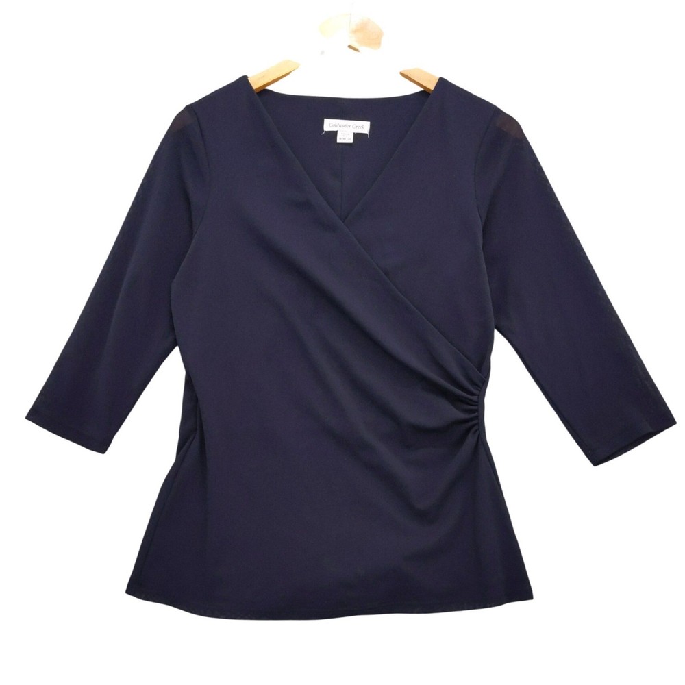 Coldwater Creek Mesh Top Medium M 3/4 Sleeve Surplice Ruched