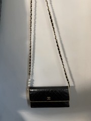 CHANEL Black Quilted Flap WOC Gold Hardware Chain Strap Pearl Accents
