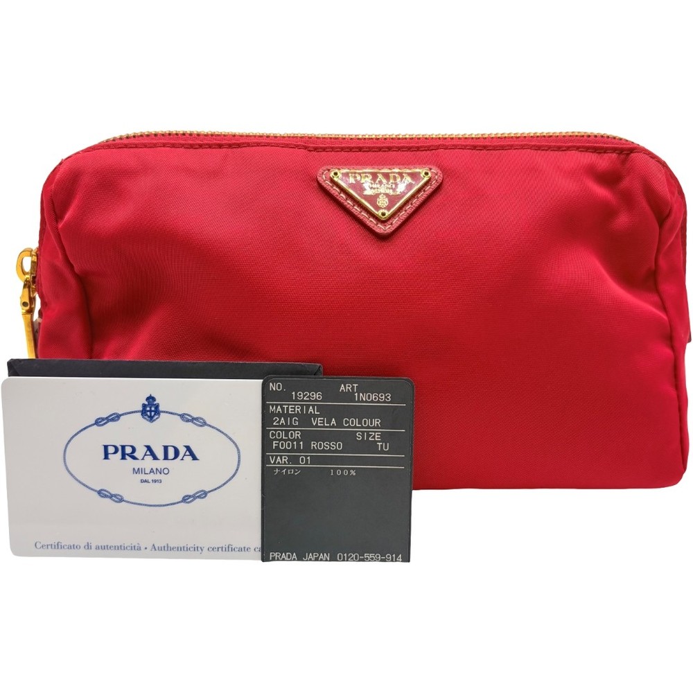 Authentic PRADA Triangle Logo Tessuto Pouch Red Nylon #36638440