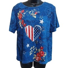 Collections ETC Shirt Large Blue Patriotic Heart and Floral T-Shirt 4th of July
