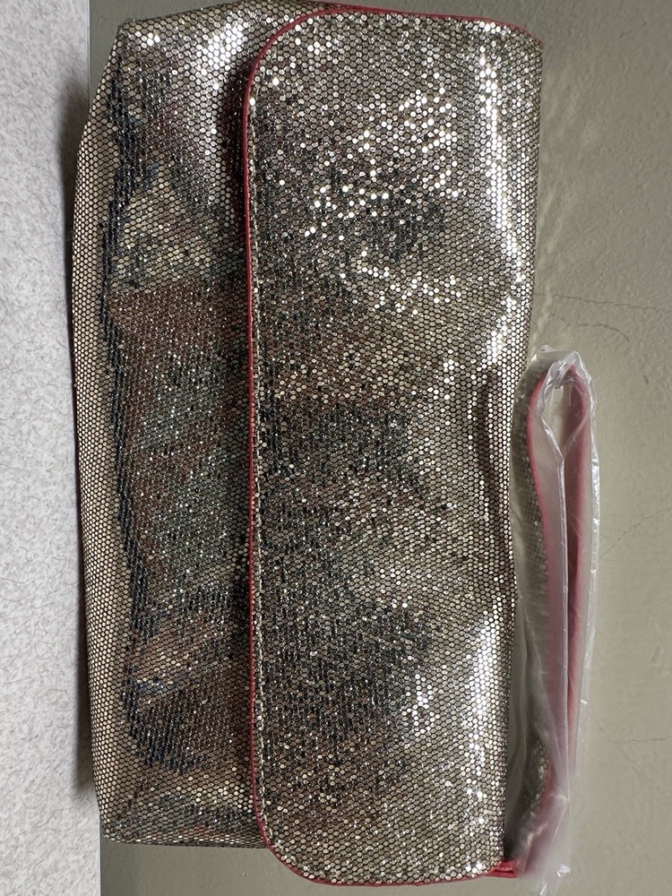 Estée Lauder Gold Glitter Solid Clutch Wrist Strap Magnetic Red Lining Women