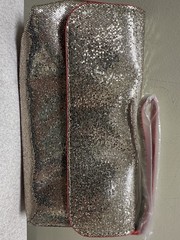 Estée Lauder Gold Glitter Solid Clutch Wrist Strap Magnetic Red Lining Women
