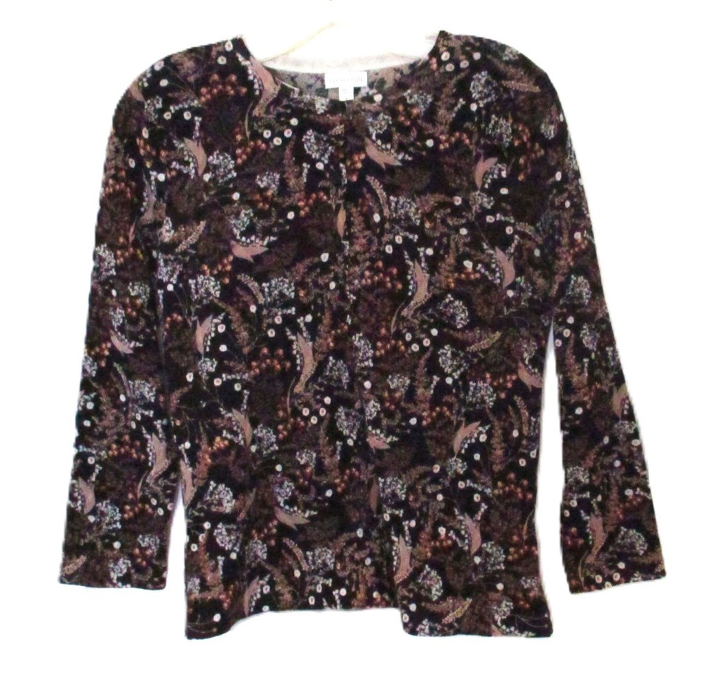 Garnet Hill Signature Eco Merino Cardigan Sweater Black Fern Floral Print Small