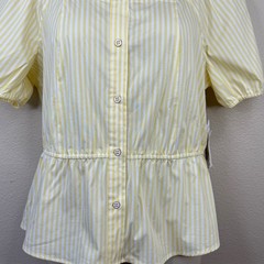 Liz Claiborne Womens Yellow White Popcorn Stripe Peplum Hem Top Blouse Large