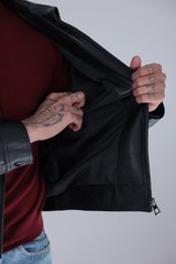 Men’s Genuine Leather Cafe Racer Jacket Black Zip Point Collar 25″ – 65cm