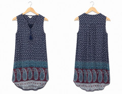 BeachLunchLounge Sleeveless Boho Print Shift Dress Size Small Navy Burgundy