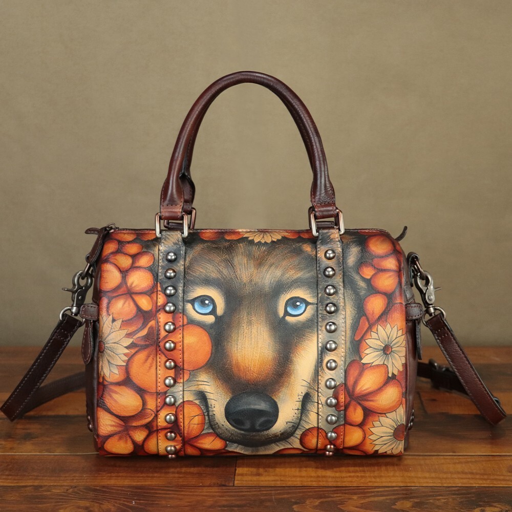 Genuine Leather Purses and Handbags Women Hand painted Crossbody Shoulder Bag