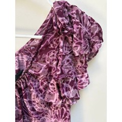 INC International Concepts Y2K Purple Paisley Floral Blouse Ruffle Cap Sleeve L