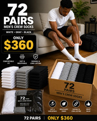 72 Pairs Men?s Crew Socks White Gray Black Bulk Lot New Unisex