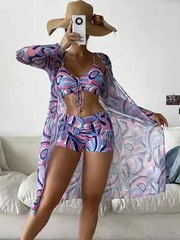 Womens 3 Piece Swimsuit with Mesh Long Sleeve Cover Up Drawstring Bathing Suits