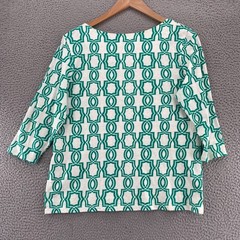 Chicos Top Womens 2 US Large Green Geometric Boat Neck Cotton Knit 3/4 Sleeves