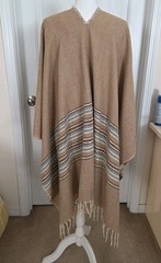 Beige, Brown And Gray Handmade Poncho With Fringe O/S