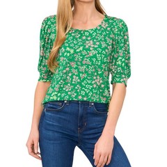 CeCe Green Floral Print Puff-Sleeve Blouse Top Size Medium Womens NWT