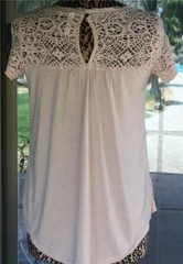 Crochet Trim Longer Back Nylon Fringe Trim Short Sleeve Shirt Sz. M