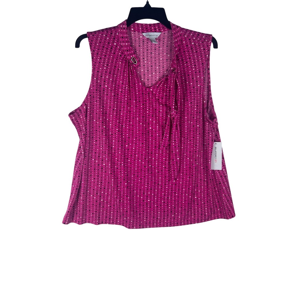 Liz Claiborne Womens PXXL Pink Polka Dot Sleeveless Tie Neck Blouse NWT