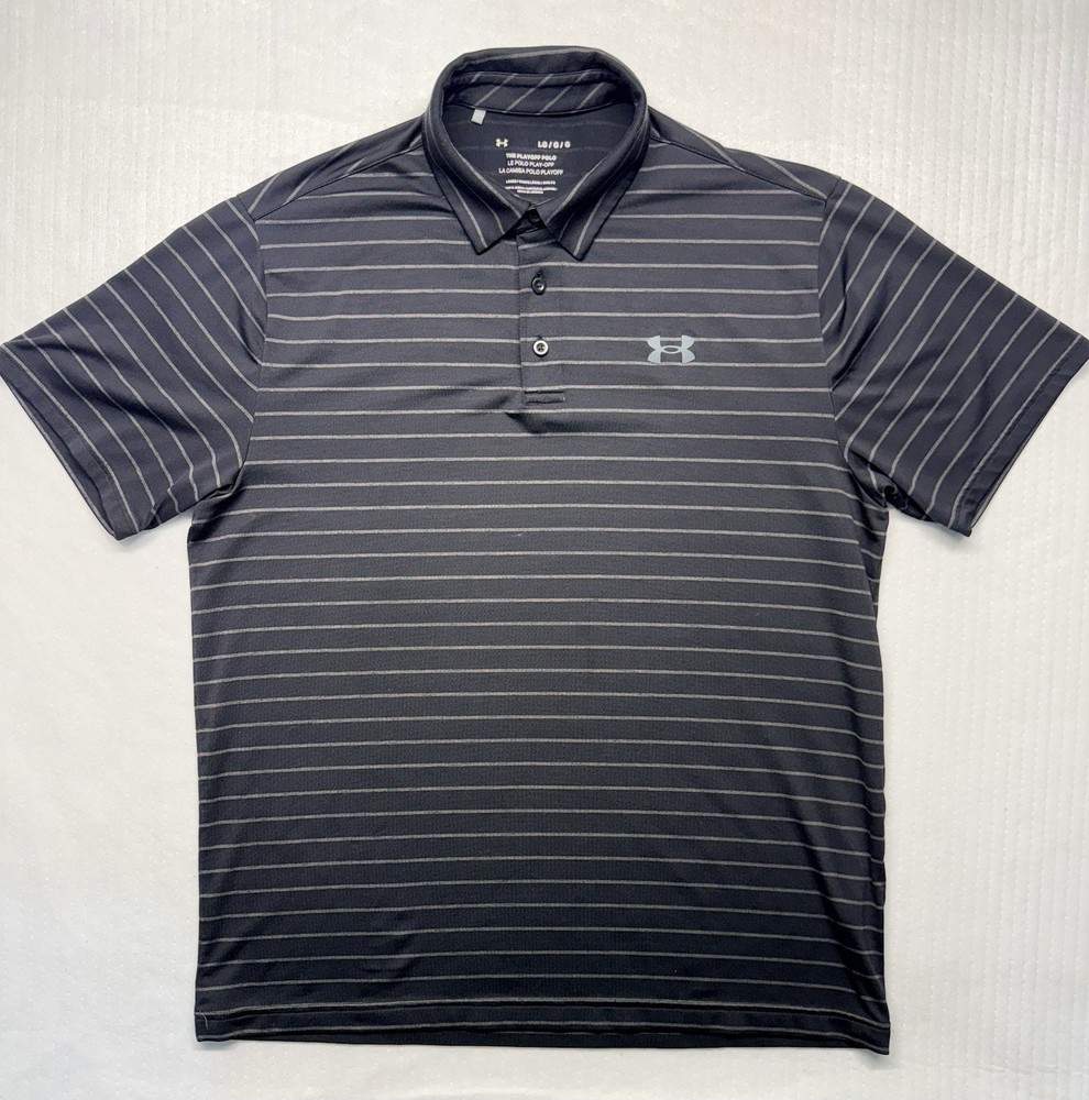 Under Armour Men’s The Playoff Polo , Loose, Black With Gray Stripes Size Large
