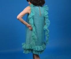 Vintage 60s Handmade Turquoise Blue Chiffon Party Girl Bubble SmallDress w/ Boa
