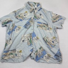 Liz Claiborne Blouse Womens 1X Blue Silk Postcard Print Button Shirt VTG