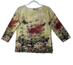 Collections Etc Top Women Medium Floral Sequin Spring Blouse Artsy Butterfly