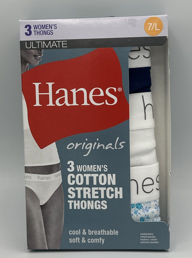 Hanes Ultimates Women’s Cotton Stretch Thong Panties New 7/L Blue white 3 Pack