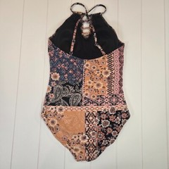 Garnet Hill Signature High-Neck Lattice One-Piece Swimsuit Size 8 Patchwork