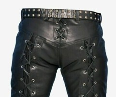 Men’s Real Cowhide Waxed Black Leather Pants Side Lacing Jean Trouser Cuir