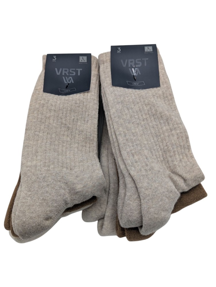 6 Pair VRST Men’s Size 8-13 Arch Support Half Cushion Crew Socks Brown/Tan/Sand