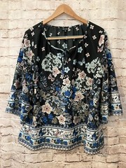 Hannah Top Womens Large Tunic Black Floral Tie Scoop Neck Flared Sleeve Butterfl