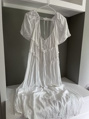 White Cotton Maxi Dress V-Neck Puff Short Sleeve Button Ruffle Tie Back