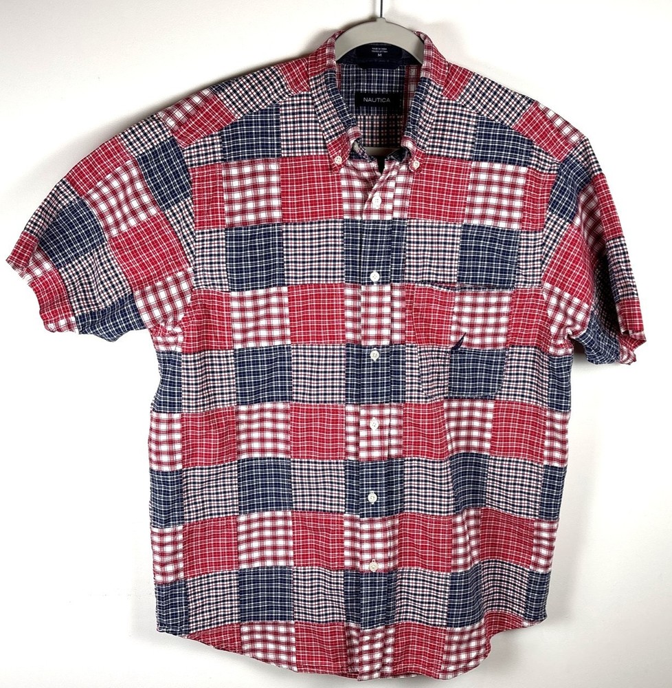 Vtg Nautica Patchwork Red White Blue Button Up Shirt Size Medium Men’s Short Slv