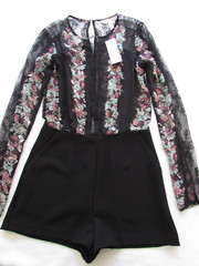 BCBGeneration Romper Clubwear Long Sleeve Floral Sheer Lace Black/Muti Size 0