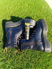 Dr. Martens Black Leather Platform Lace-Up Side Zip Boots + Cream