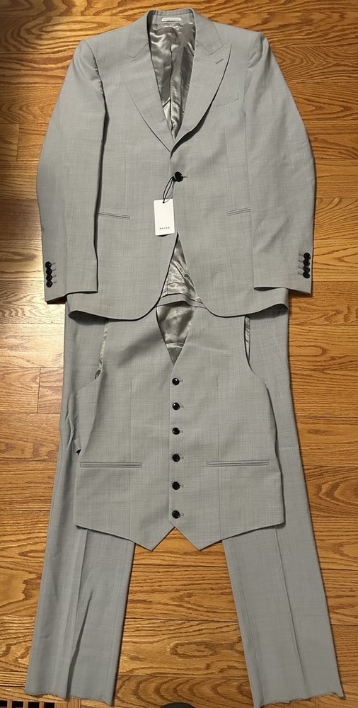NWT! Mens Reiss Relief Slim Fit Single Button Peak Lapel 3-Piece Suit 38R 32W