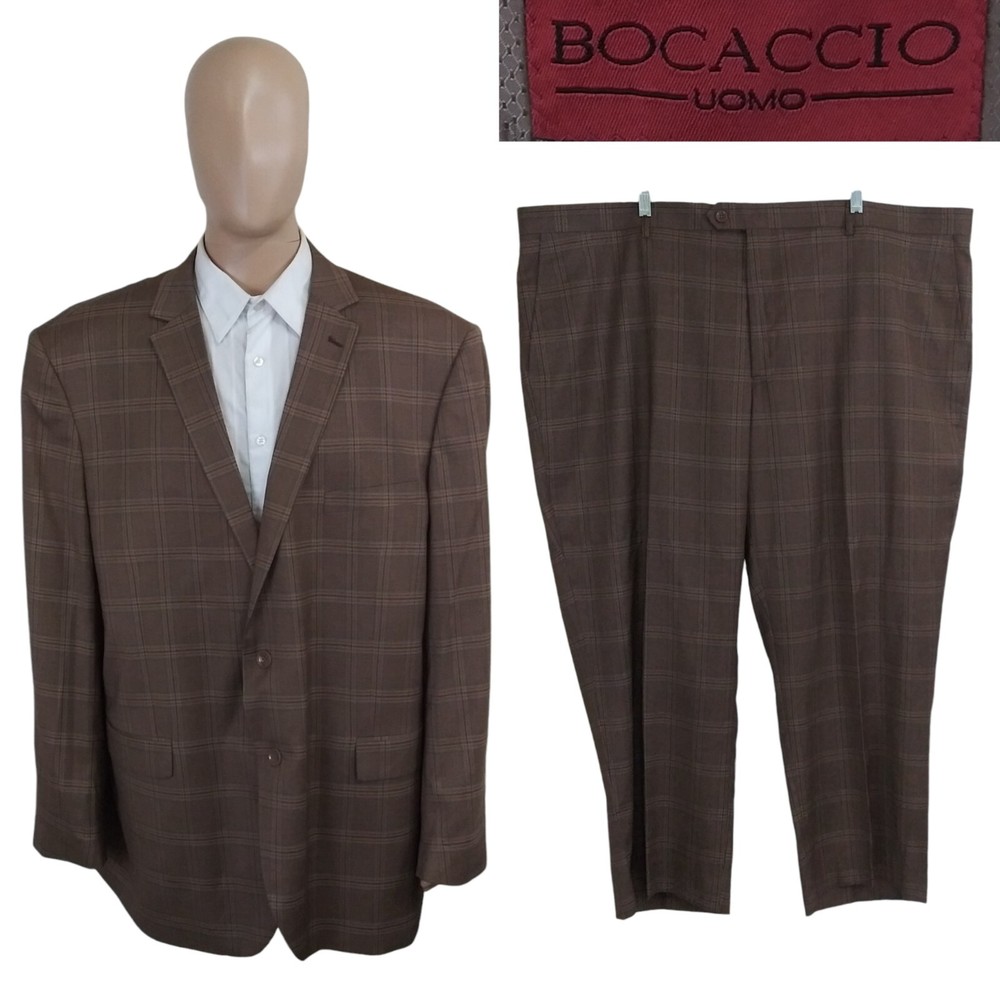 Bocaccio Uomo Two Piece Brown Plaid Blue Check Suit 56L Pants 50X27