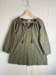 J Jill Olive Eyelet Top Small Cotton 3/4 Blouse Tassel Tie Cottagecore Romantic