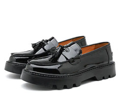 Fringe Men Platform Patent Leather Slip on Loafers Tassel Thick Sole Dress Shoes