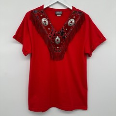 Vintage Western Top Shirt Size Large Stretch Embroidered Suede Fringe Concho USA