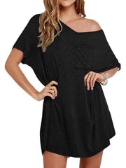 Women’s T Shirt Nightgown Cotton V Neck Sleepshirts Comfy Nightshirt, Black, X-L